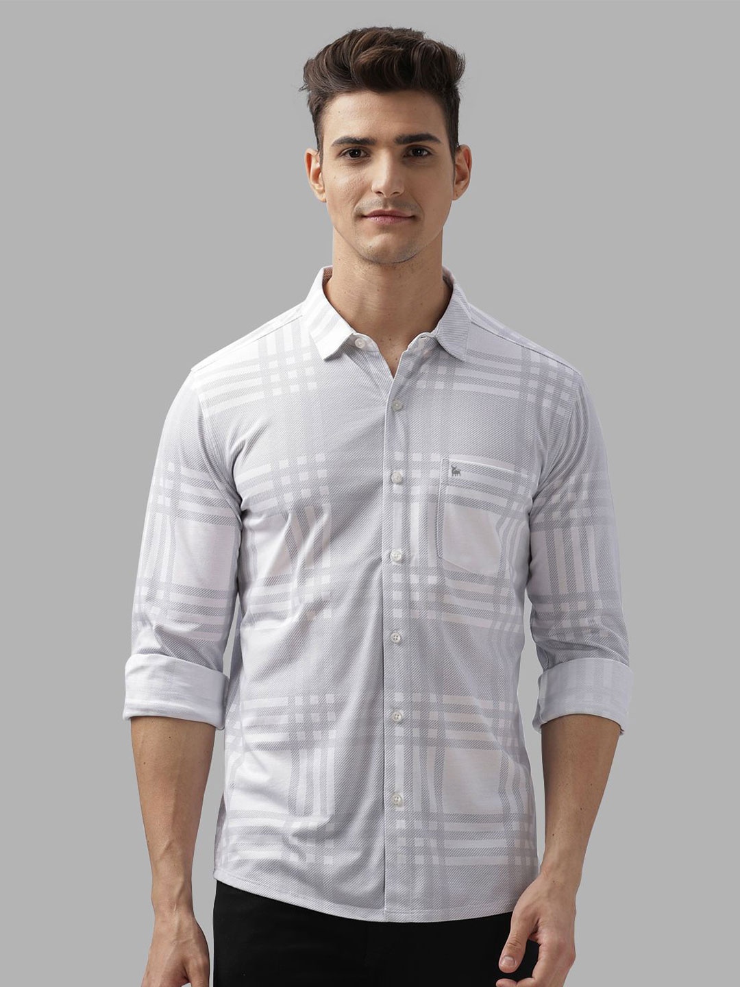 

BULLMER Men Spread Collar Checked Cotton Casual Shirt, White