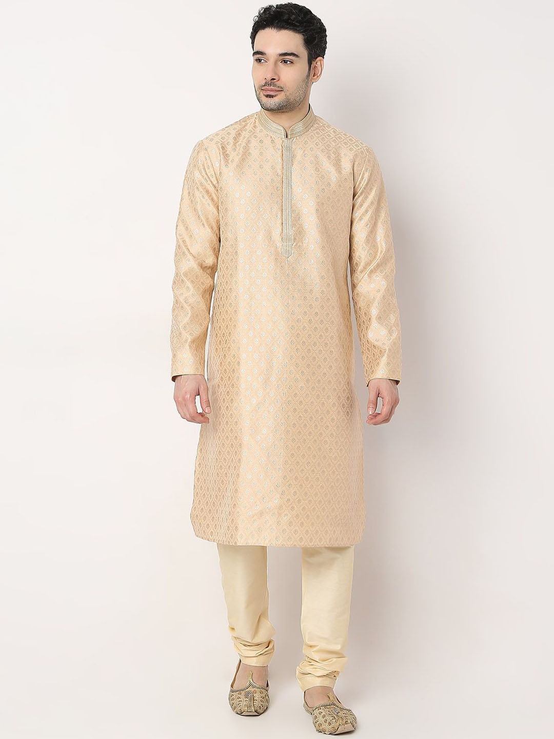 

Ethnicity Ethnic Motifs Woven Design Mandarin Collar Zari Straight Kurta With Churidar, Beige