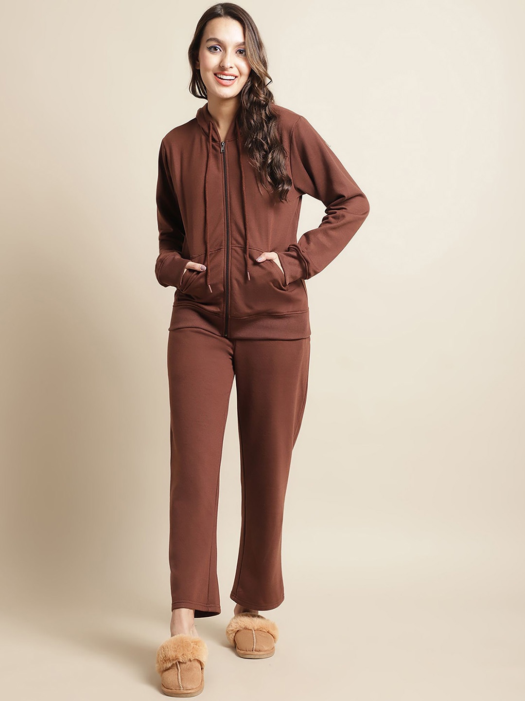 

Secret Wish Women Solid Hooded Night suit, Brown