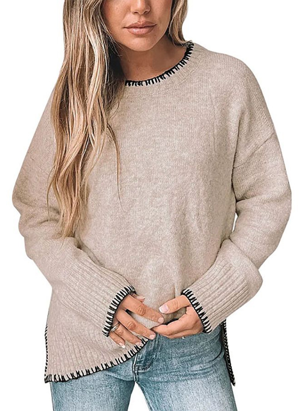 

StyleCast x Revolte Women Round Neck Long Sleeves Pullover Sweaters, Khaki