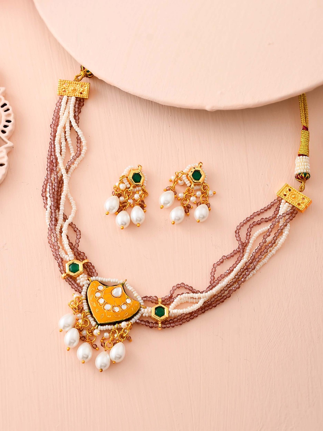 

DASTOOR Gold-Plated Artificial Stones & Beads Studded Necklace Set, White