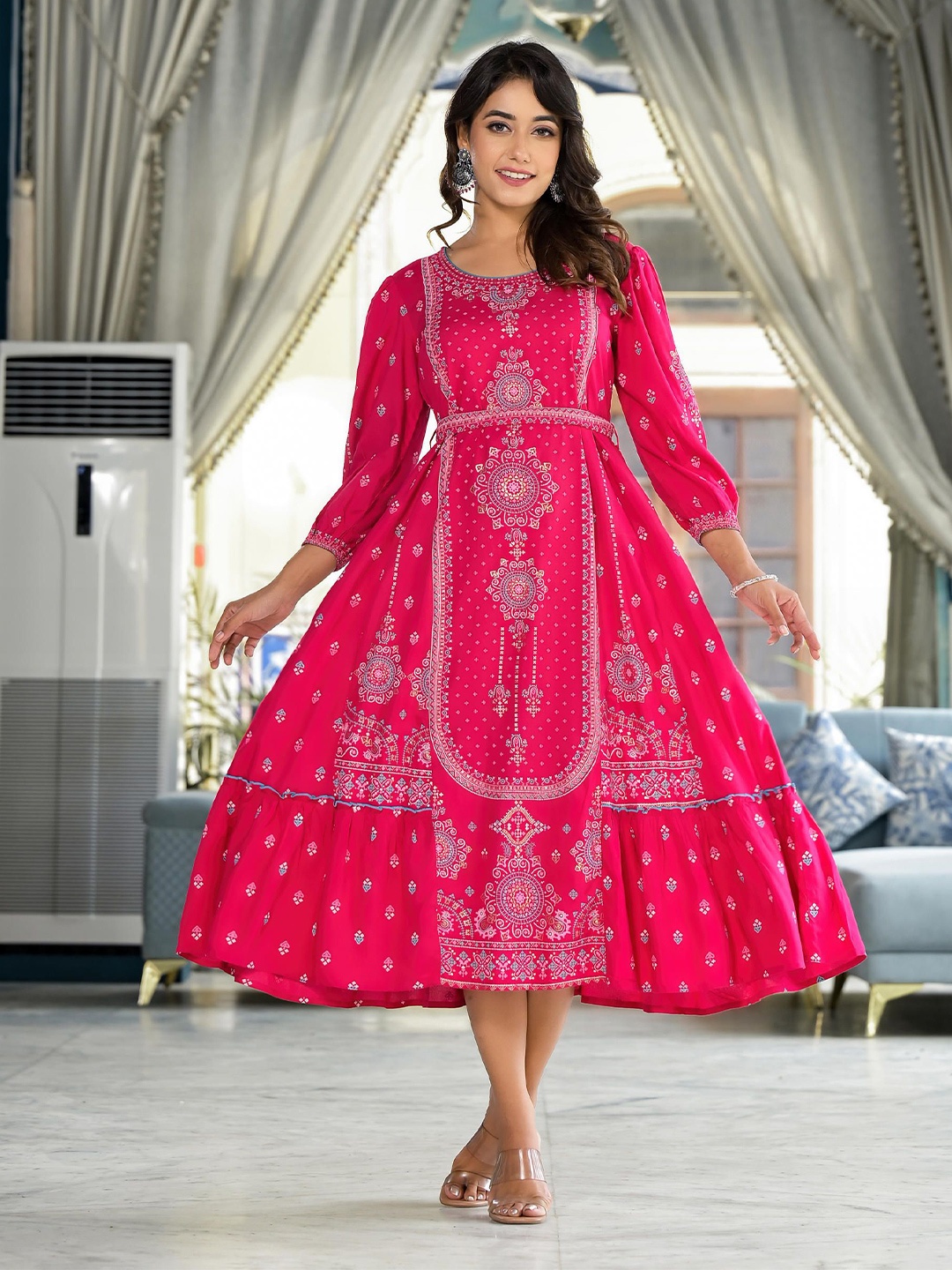 

Juniper Ethnic Motifs Print Bishop Sleeve Fit & Flare Midi Dress, Fuchsia