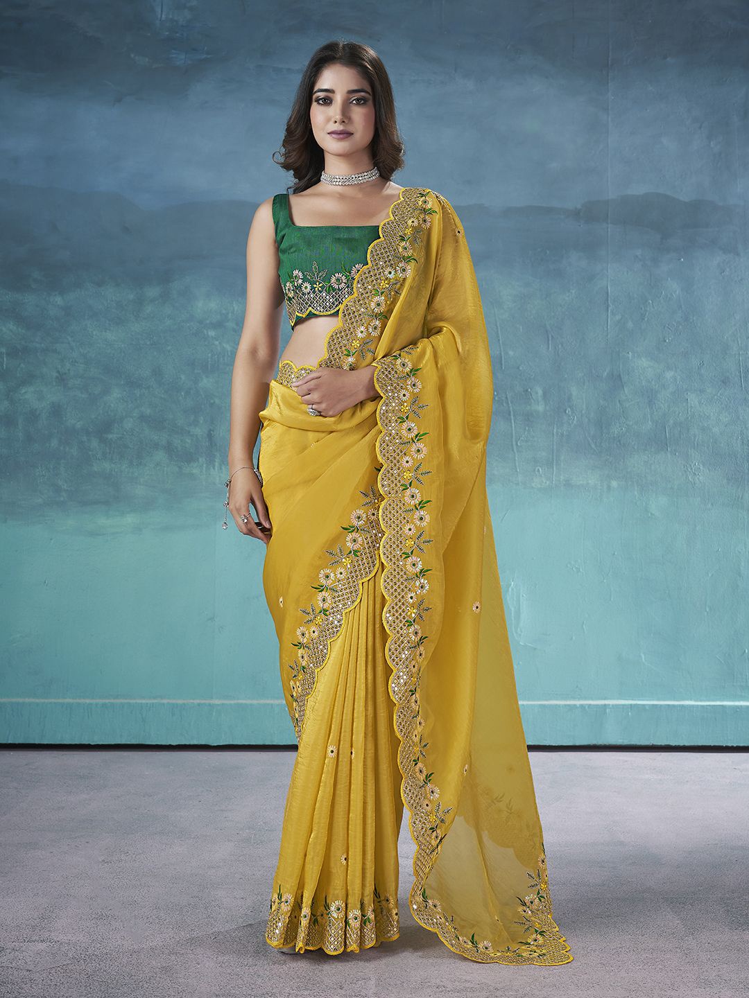 

Ethnielle Floral Embroidered Art Silk Saree, Yellow