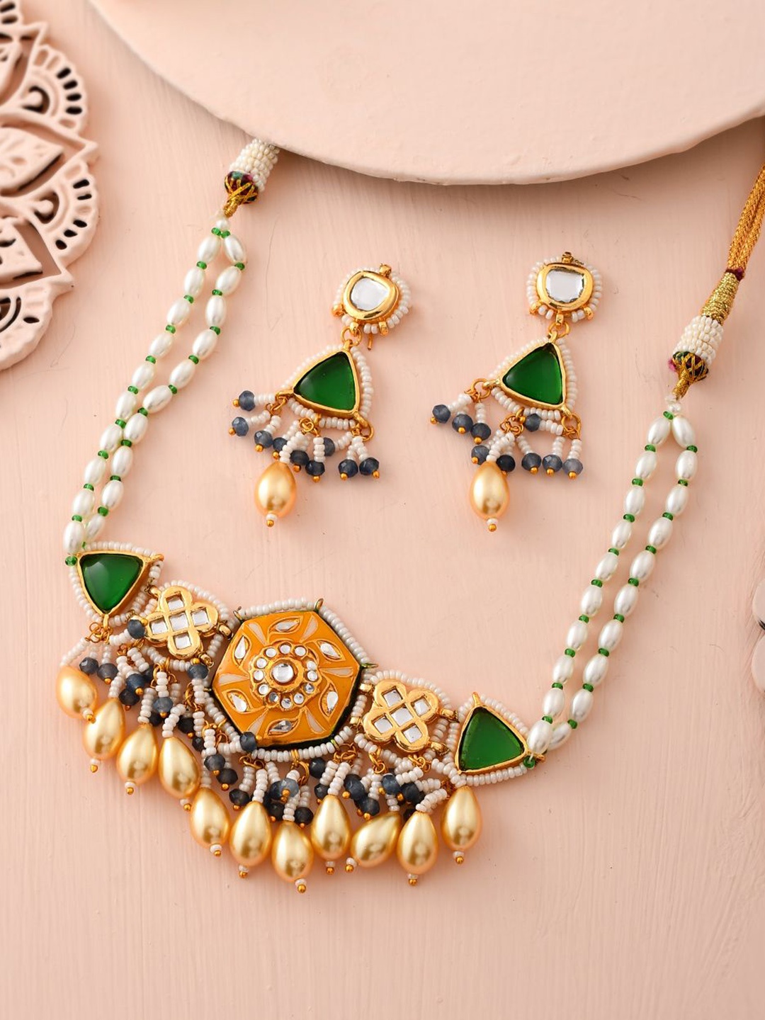 

DASTOOR Gold-Plated Stone-Studded & Beaded Necklace and Earrings