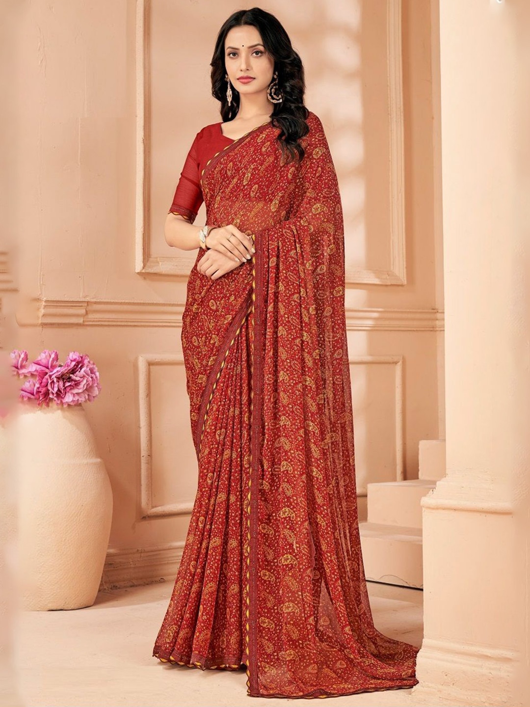 

Reboot Fashions Paisley Printed Pure Chiffon Saree, Maroon