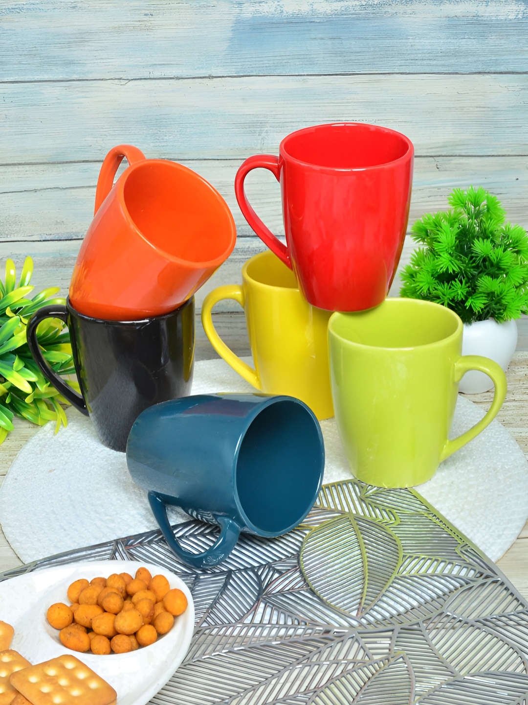 

FABINALIV Green & Red 6 Pieces Ceramic Glossy Mugs 300 ml