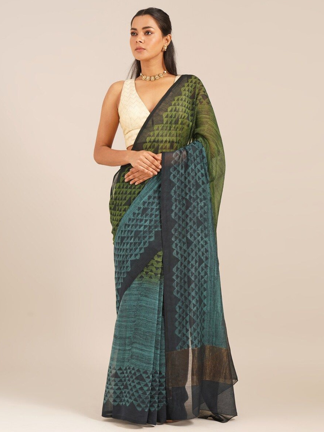 

JAYPORE Geometric Printed Block Print Saree, Blue