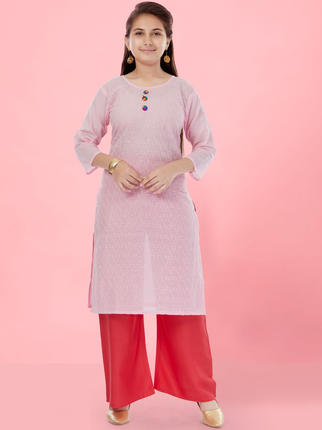 

BAESD Girls Embroidered Flared Sleeves Thread Work Kurta, Pink