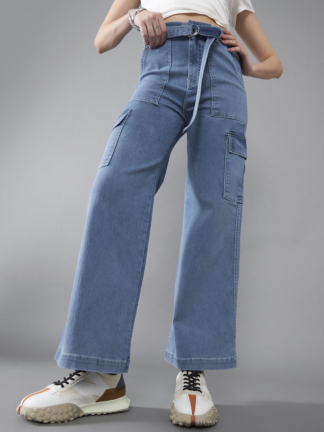 

DOLCE CRUDO Wide-Leg High-Rise Clean-Look Regular-Length Stretchable Cargo Denim Jeans, Blue