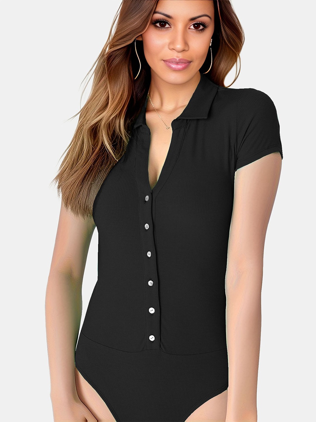 

StyleCast x Revolte Women Black Solid Shirt Collar Bodysuit