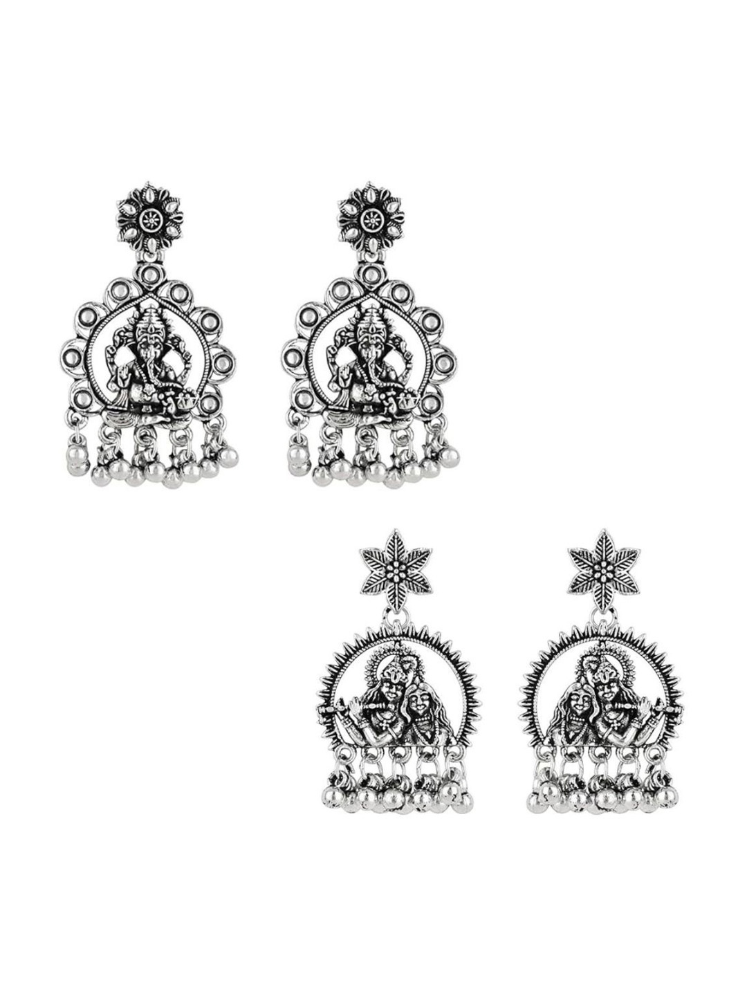

I Jewels Set Of 2 Silver-Plated Contemporary Oxidised Drop Earrings