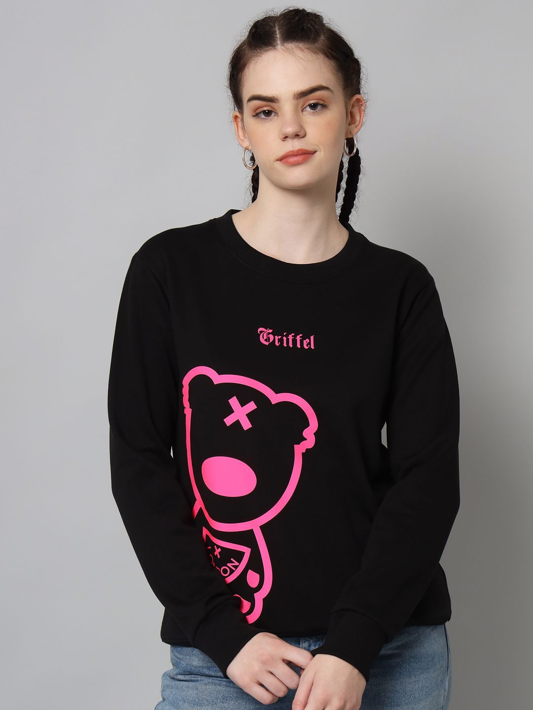

GRIFFEL Women Graphic Printed Round Neck Sweatshirt, Black