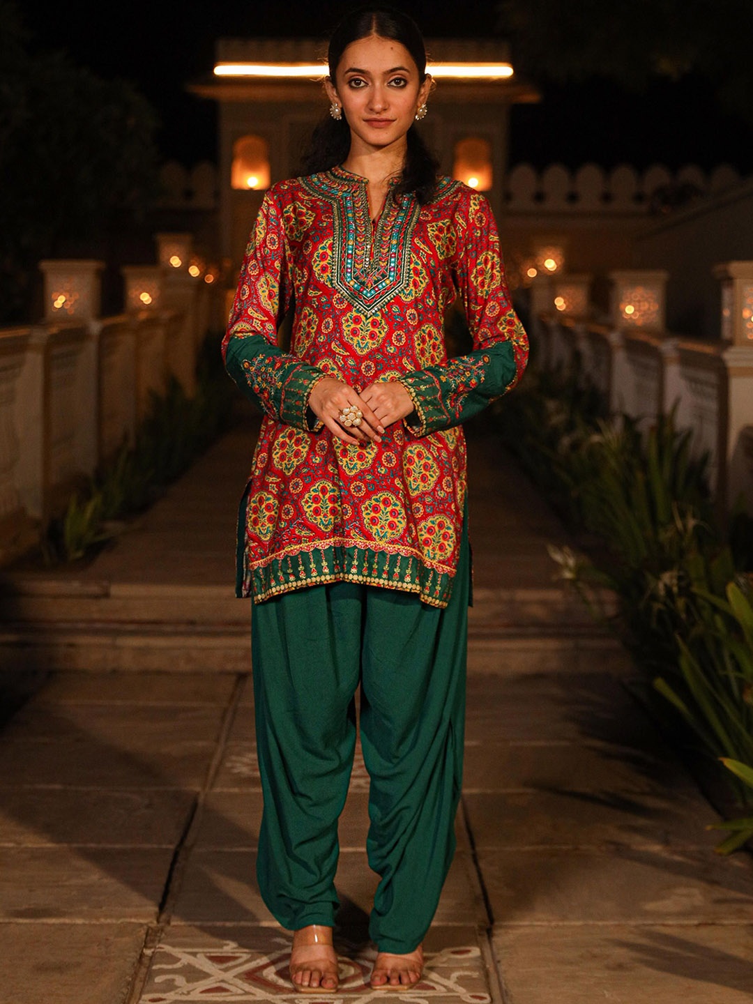 

Juniper Ethnic Motif Printed Tunic & Palazzo, Red