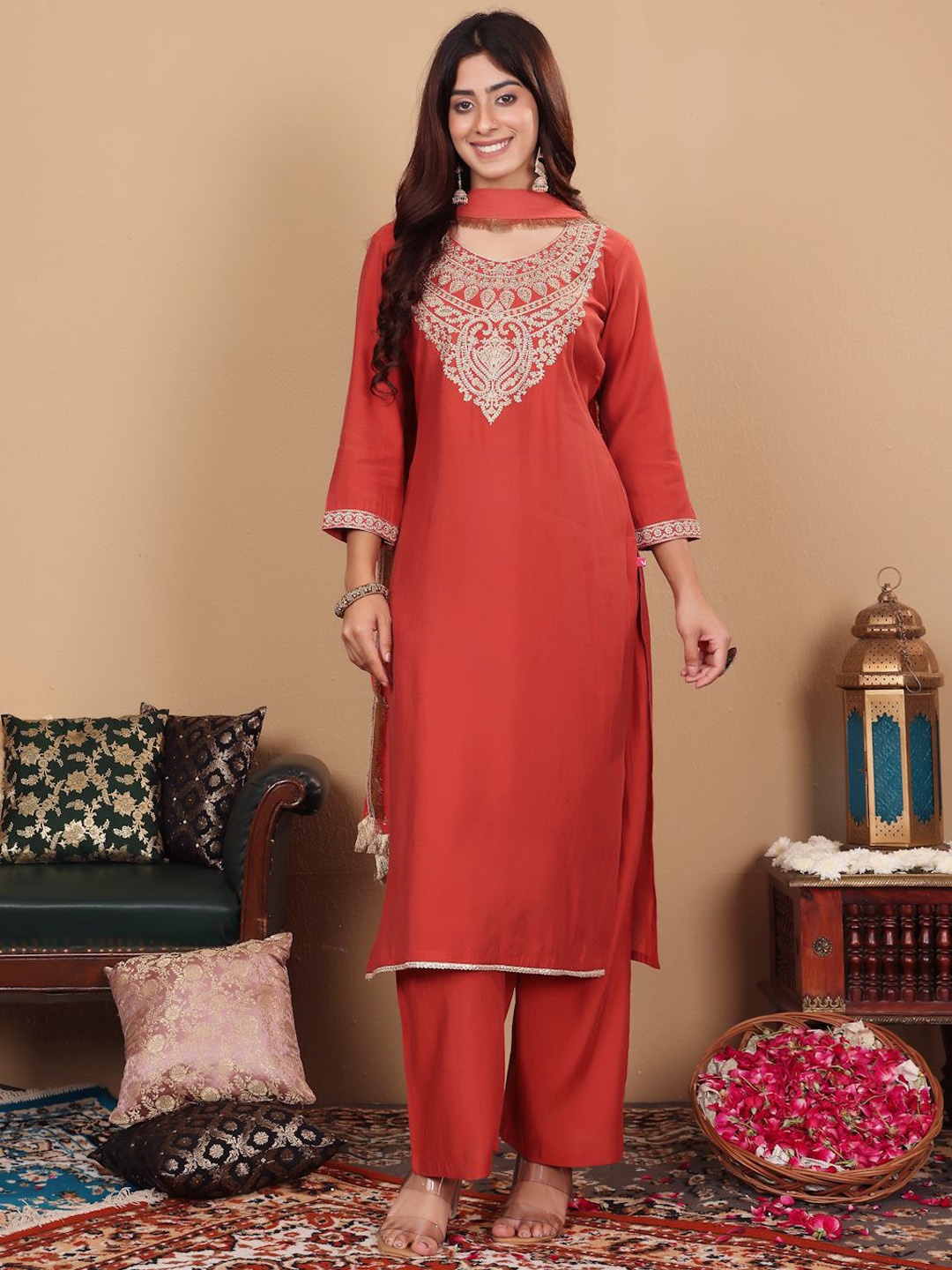 

Varanga Women Embroidered Regular Kurta with Palazzos & With Dupatta, Rust