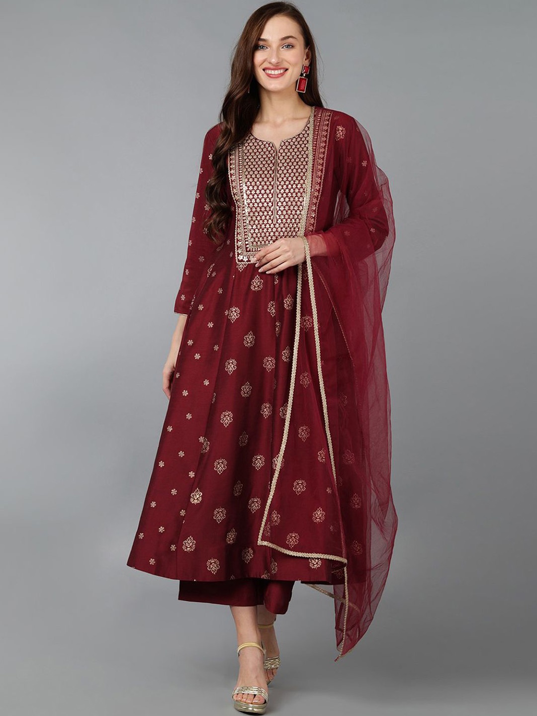 

KALINI Floral Embroidered Panelled Sequinned Kurta With Palazzos & Dupatta, Maroon