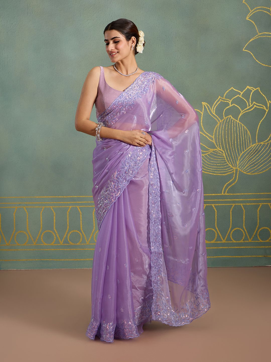 

Likha Floral Embroidered Saree With Blouse Piece, Lavender