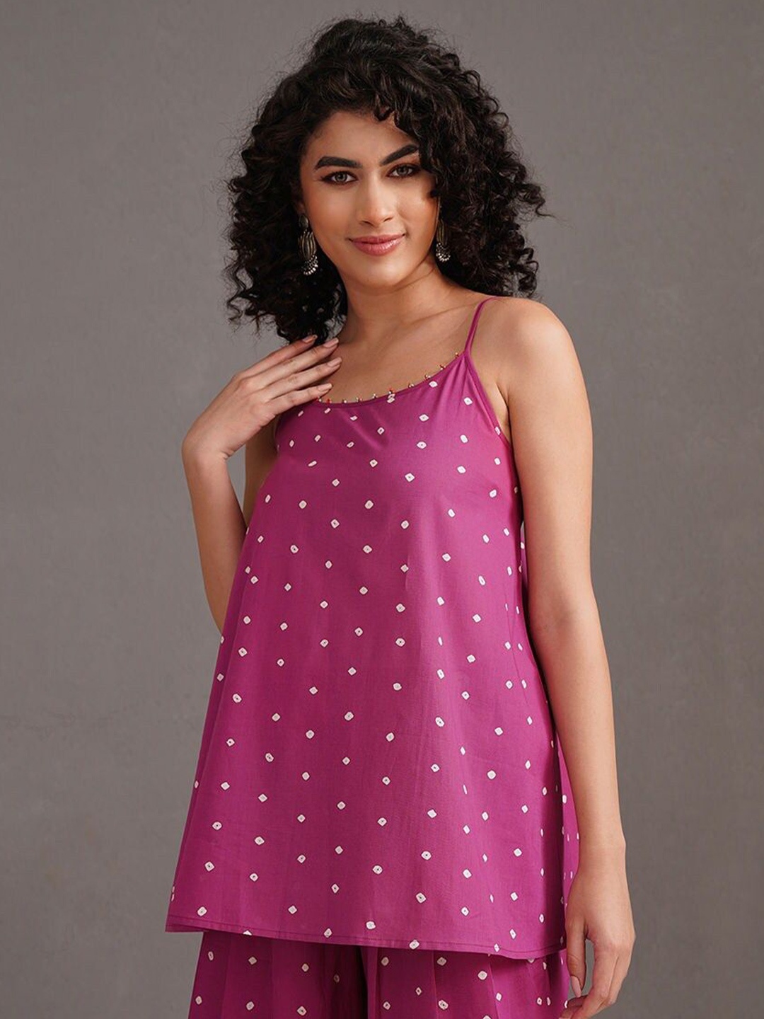 

JAYPORE Women Polka Dots Printed Shoulder Straps Cotton Top, Pink