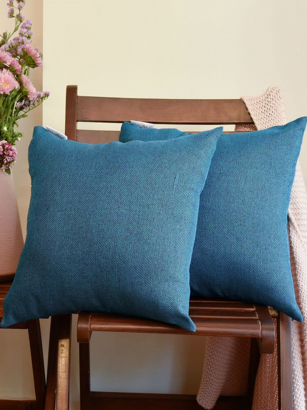 

FABURAA Blue 5 Pieces Jute Silk Square Cushion Covers