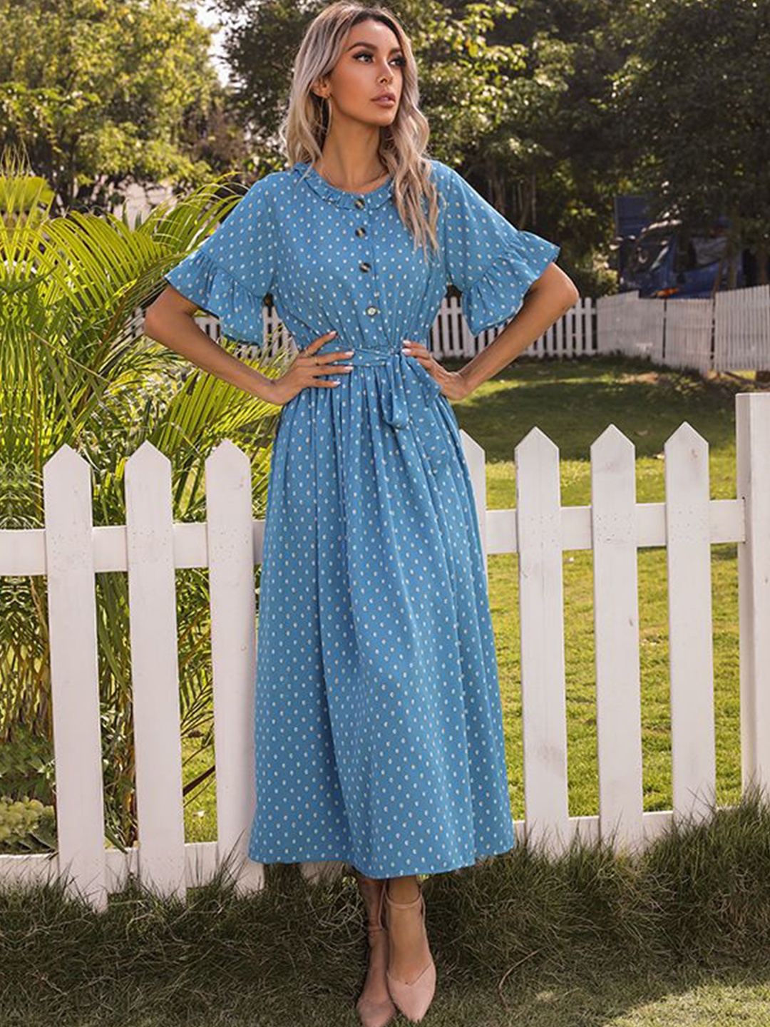 

StyleCast Girls Polka Dot Printed Fit and Flare Midi Dress, Blue