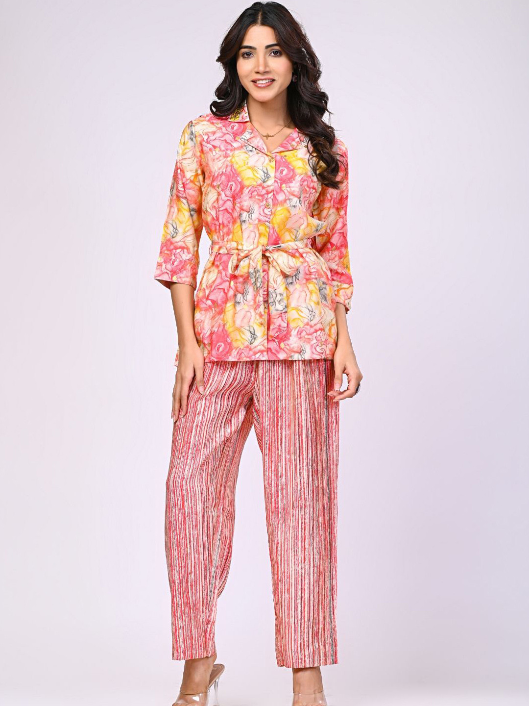 

SAADGEE Printed Shirt, Trousers With Belt Co-ords, Pink