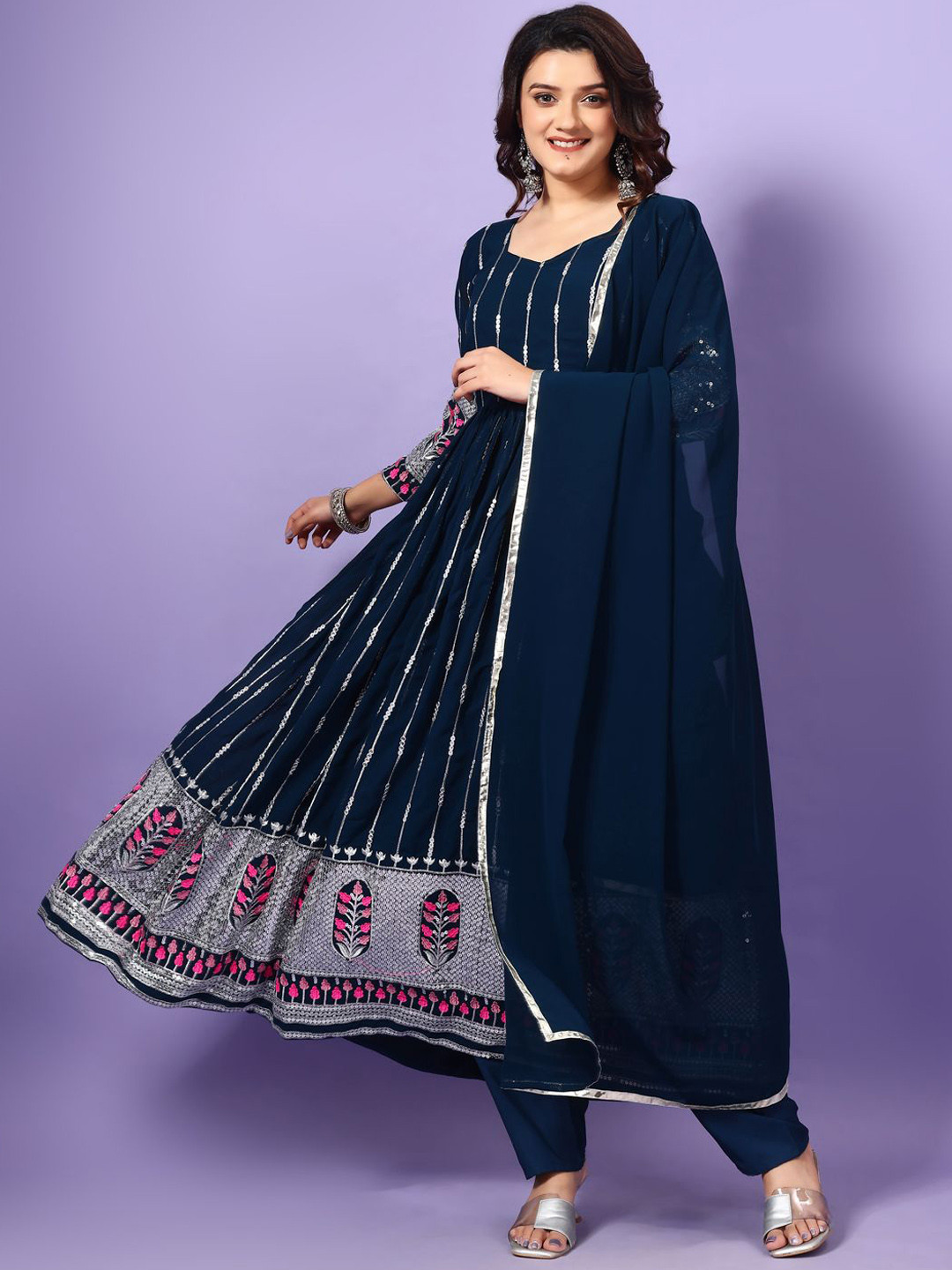 

KALINI Ethnic Motifs Embroidered Tiered Mirror Work Work Kurta with Pyjamas & Dupatta, Navy blue