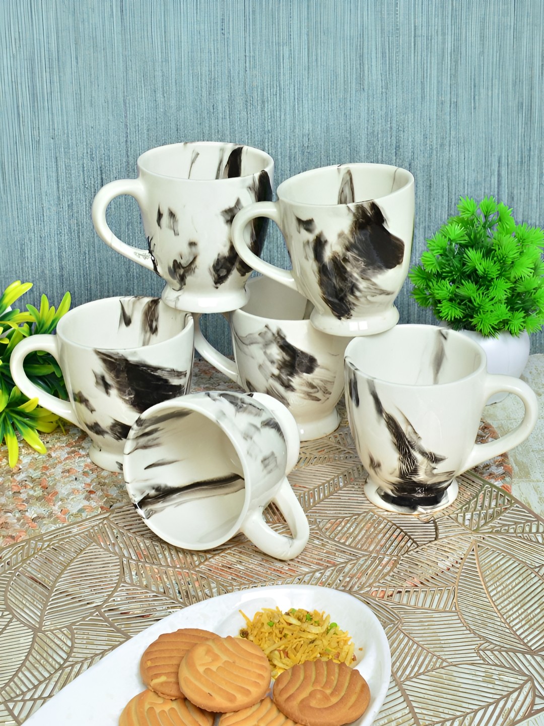 

FABINALIV White & Black 6 Pieces Printed Ceramic Glossy Mugs 280 ml
