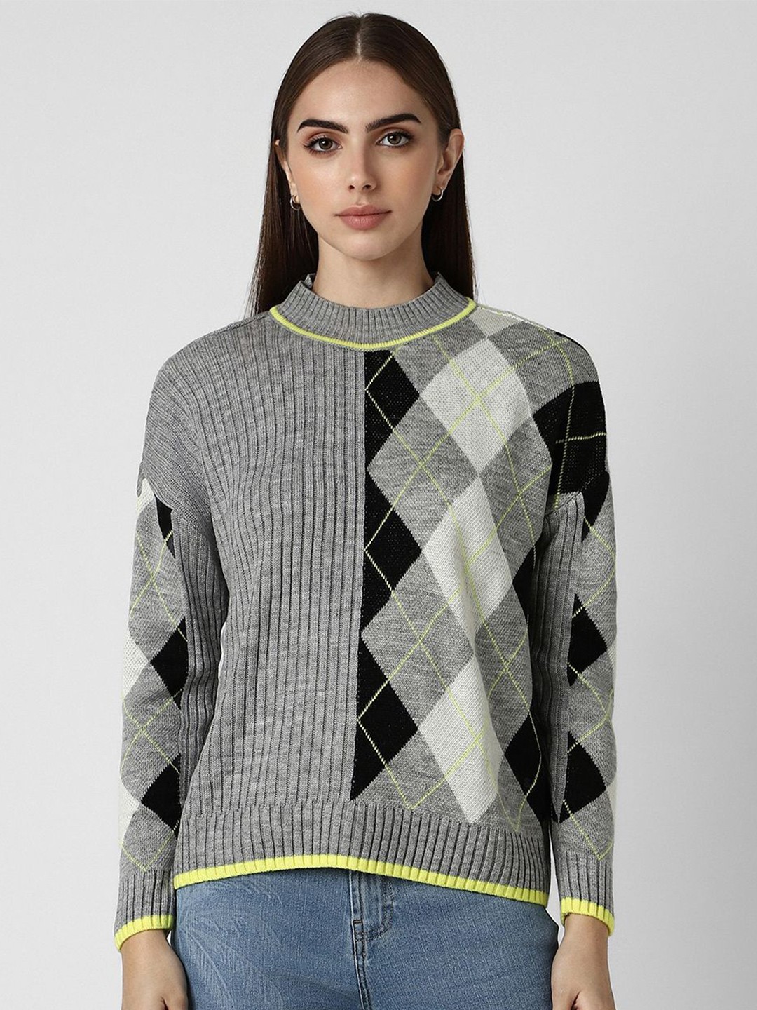 

Van Heusen Woman Women Checked Long Sleeves Pullover, Grey