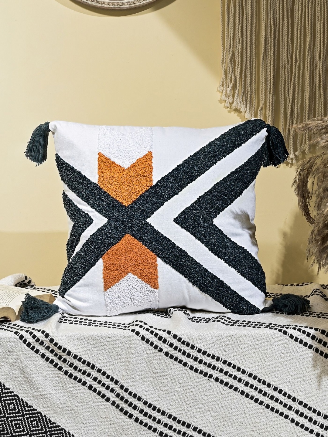 

ANWYN White & Orange Geometric Cotton Square Cushion Covers