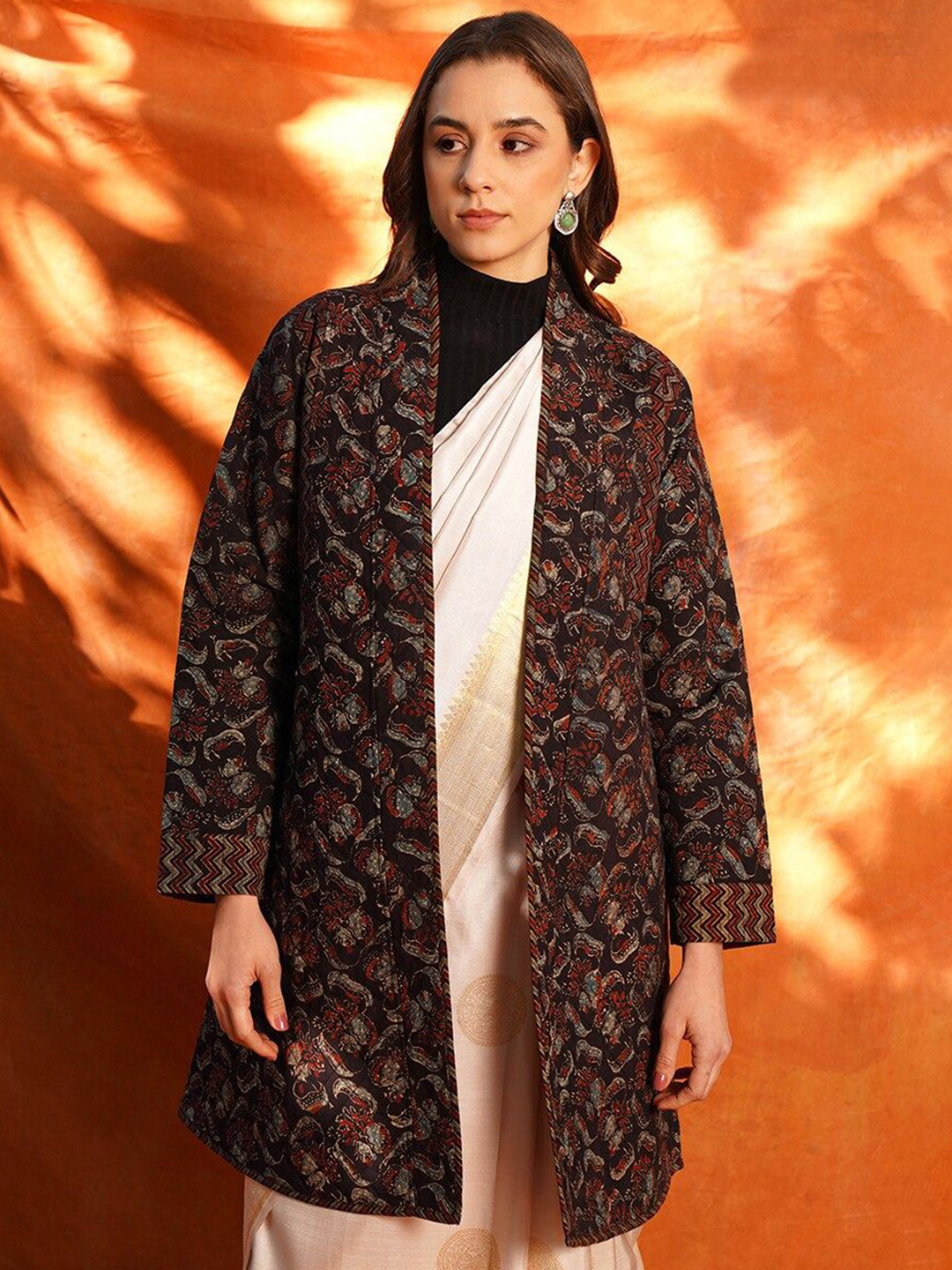 

JAYPORE Women Self Design Floral Open Front Jacket, Brown