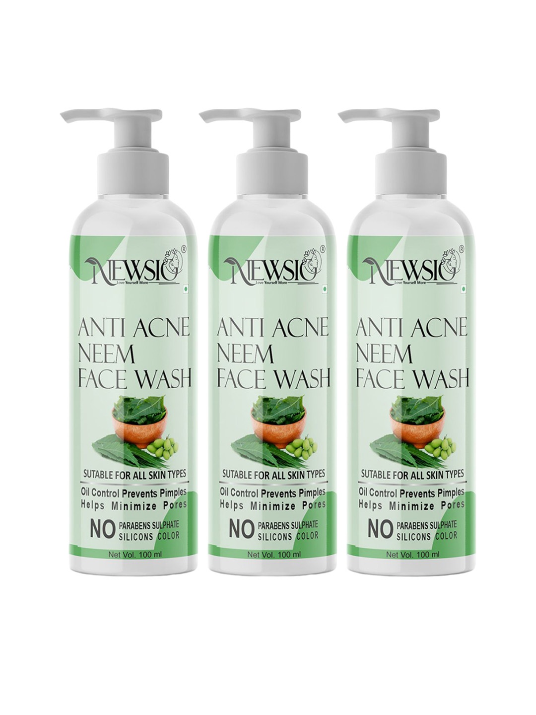 

Newsio Set Of 3 Anti Acne Neem Face Wash-100 ml Each, Green