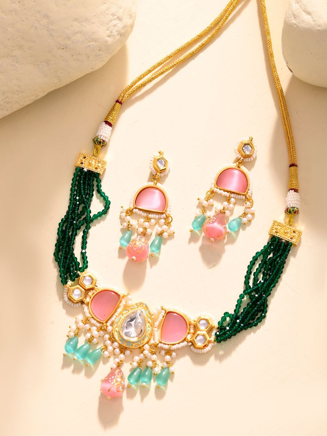 

DASTOOR Gold-Plated Stone-Studded & Beaded Jewellery Set