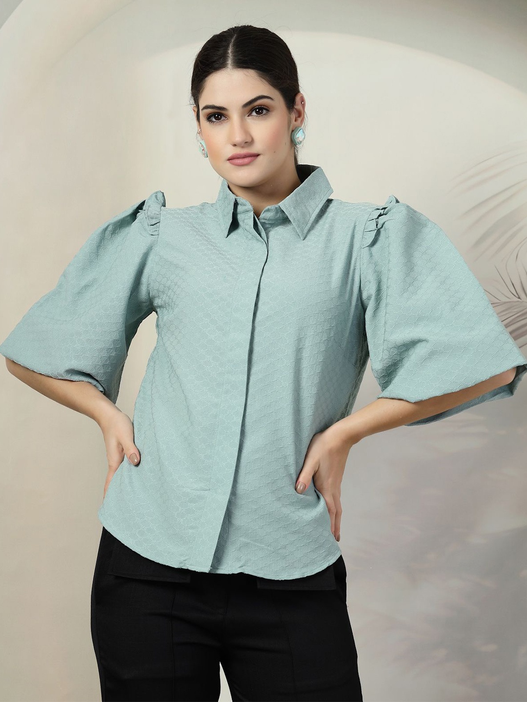 

plusS Women Self Design Shirt Collar Top, Sea green