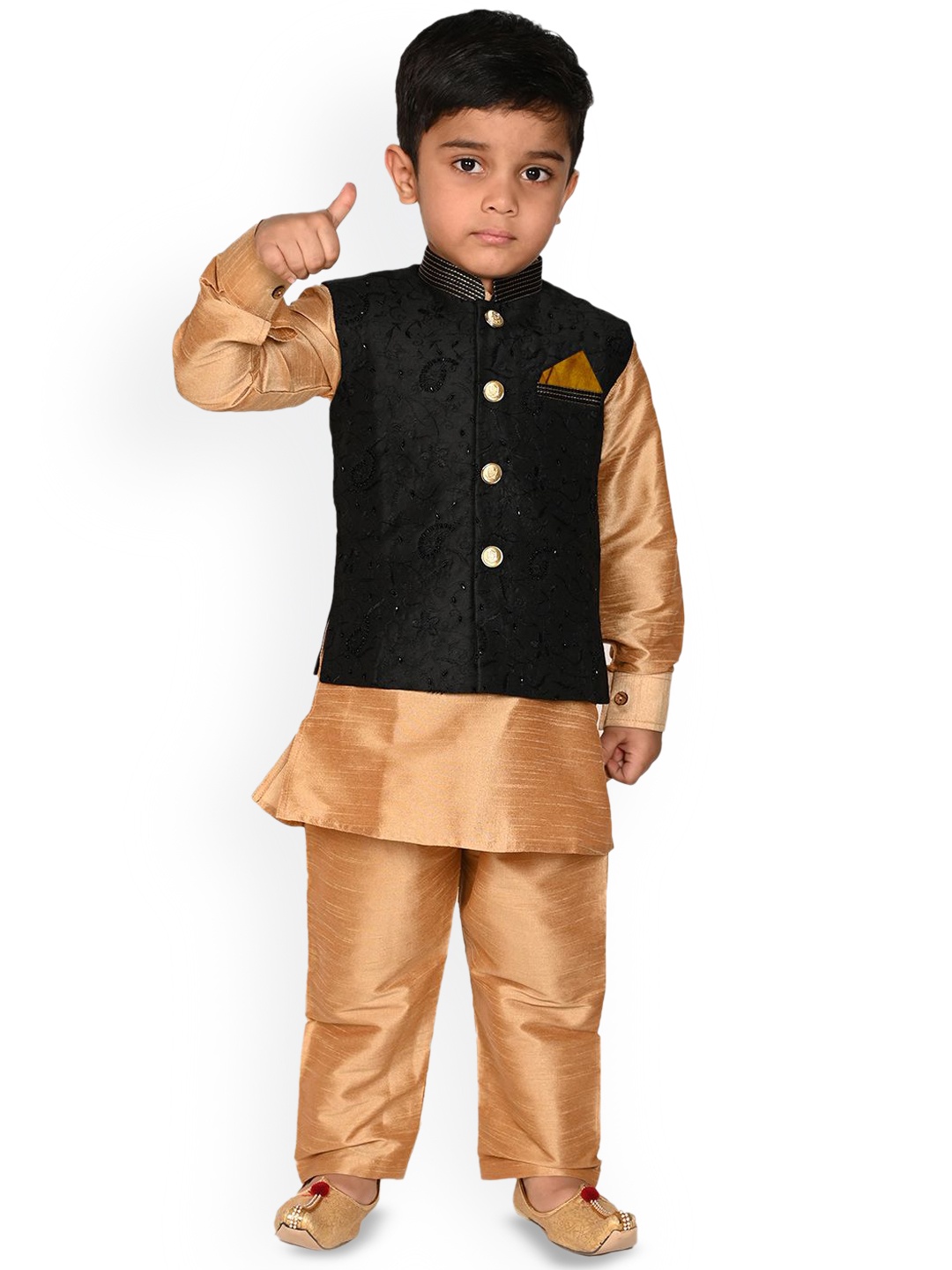 

Pehanaava Boys Mandarin Collar Kurta with Pyjamas & Waistcoat, Gold