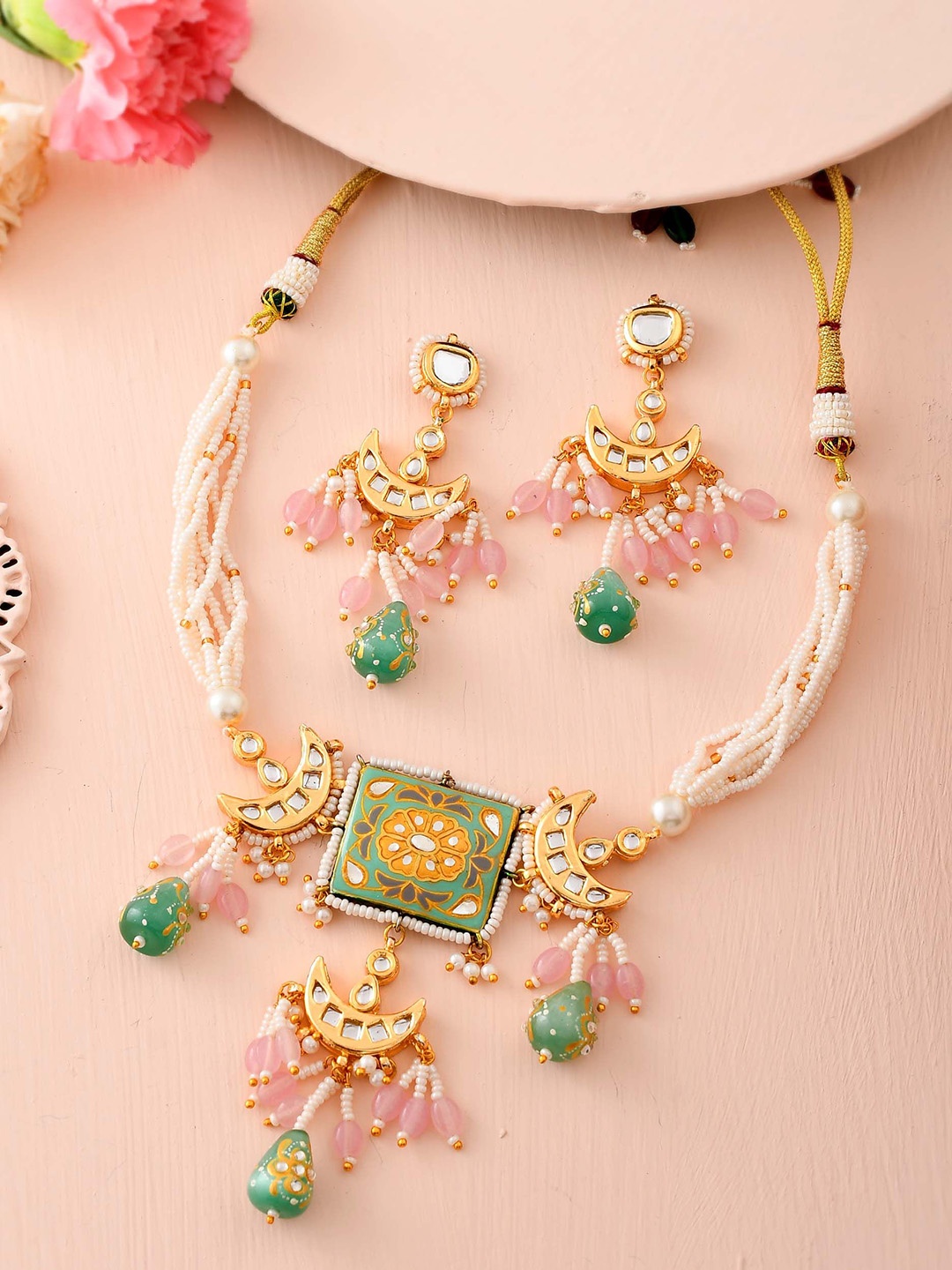

DASTOOR Gold-Plated Stone-Studded & Beaded Necklace and Earrings