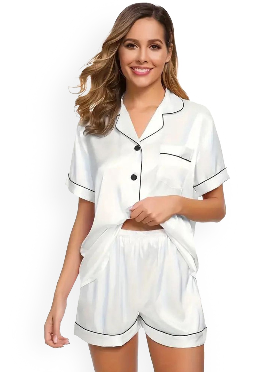 

ANSEE by Addery Women Lapel Collar Night suit, White