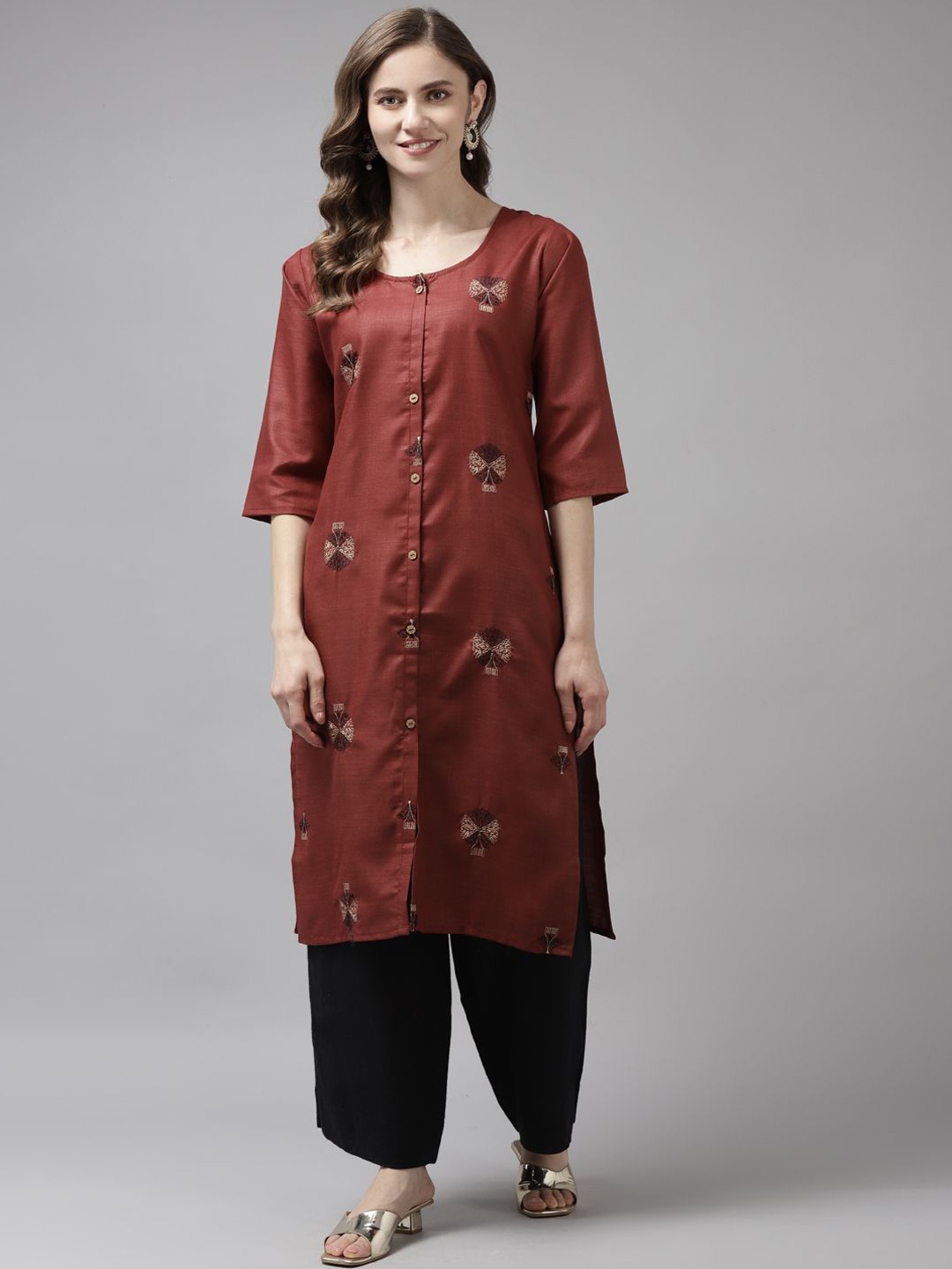 

BAESD Women Geometric Embroidered Flared Sleeves Thread Work Kurta, Maroon