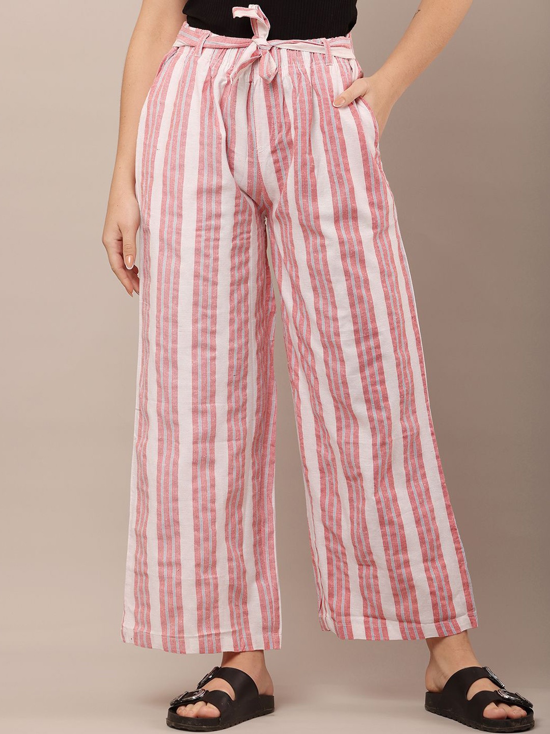 

NoBarr Women Mid-Rise Striped Parallel Trousers, Red