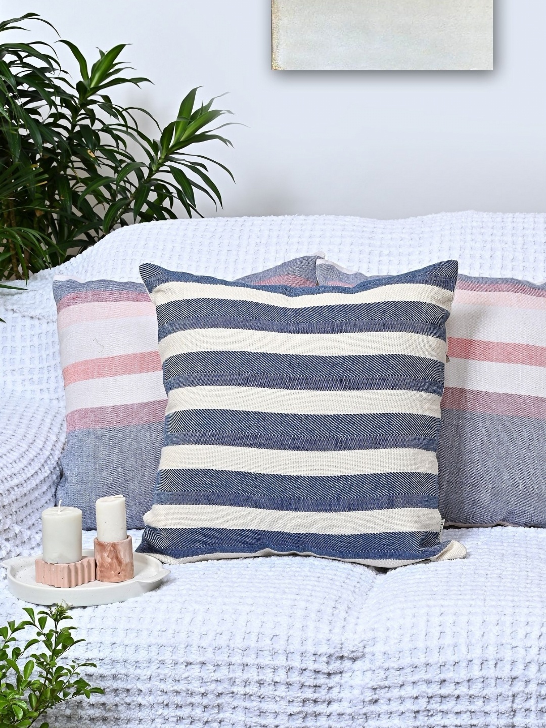 

ANWYN Cream & Grey 3 Pieces Striped Cotton Square Cushion Covers