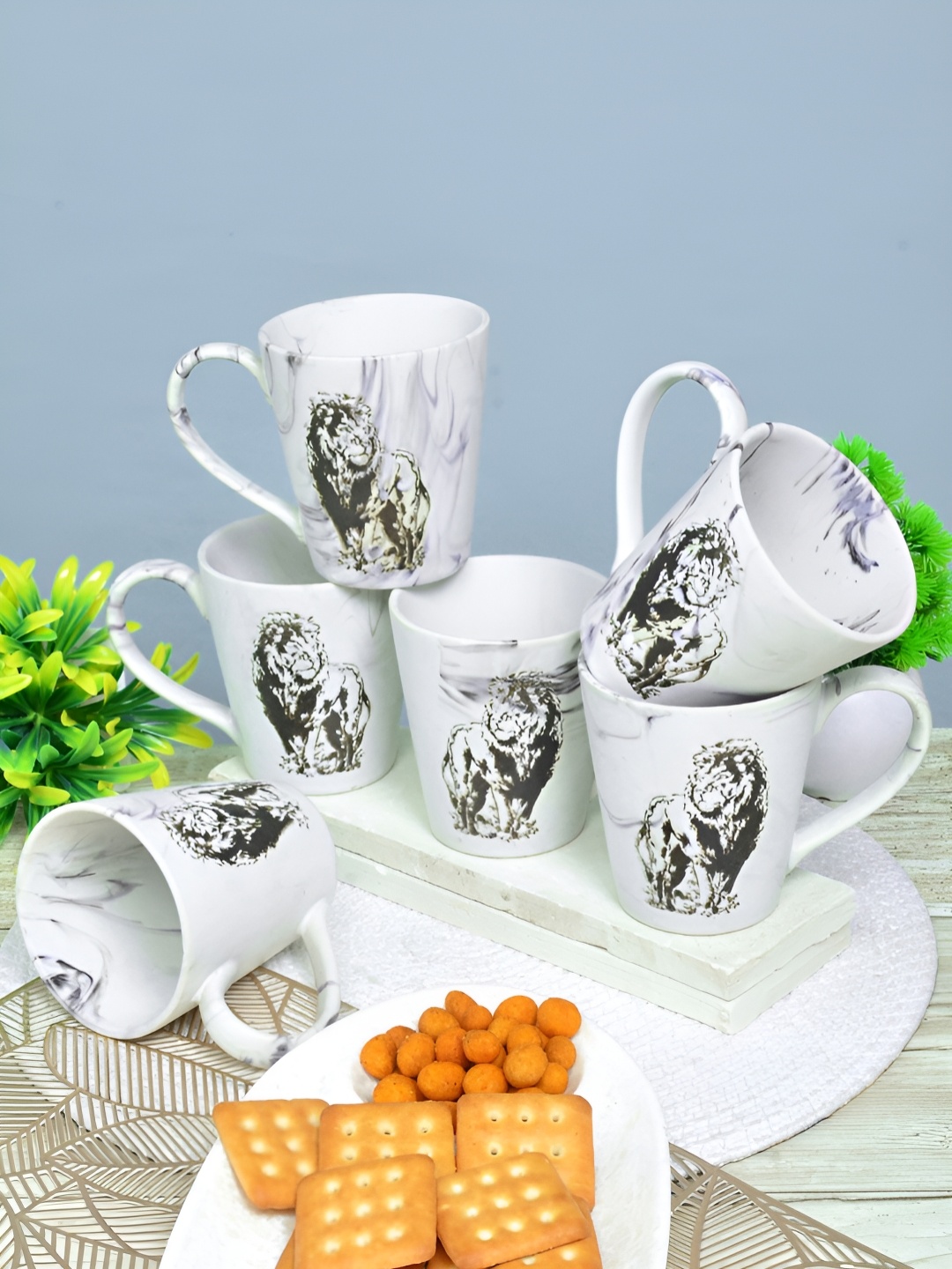 

FABINALIV White & Black 6 Pieces Textured Ceramic Matte Mugs 250 ml