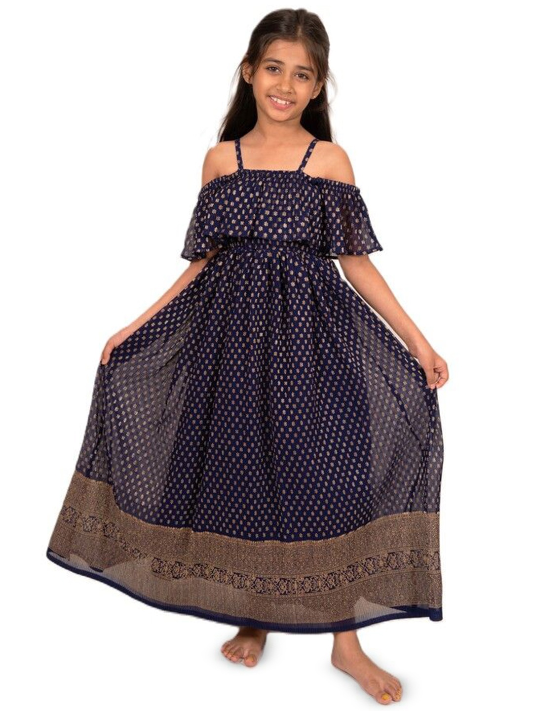 

Sangria Ethnic Motifs Printed Off Shoulder A Line Dresses, Blue