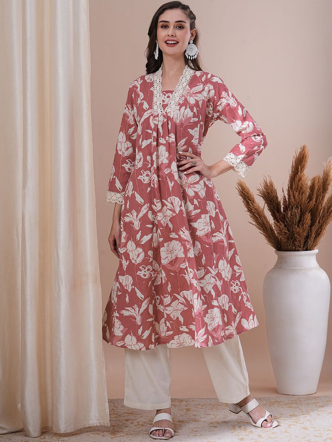 

FASHOR Floral Printed Pure Cotton A-Line Kurta With Palazzo, Coral