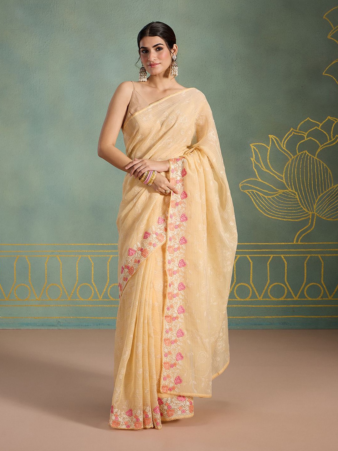 

Likha Floral Embroidered Pure Cotton Saree, Mustard