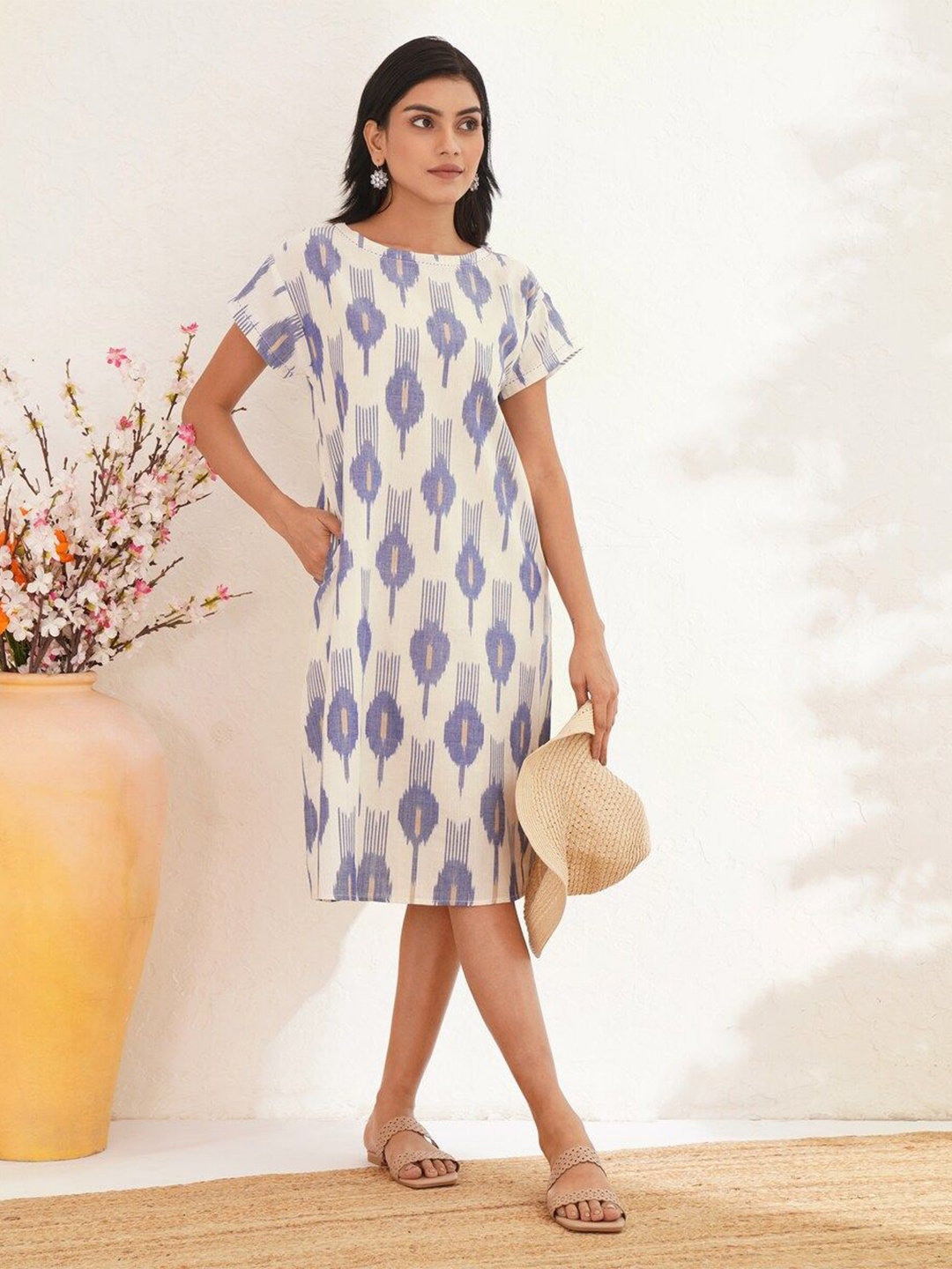 

JAYPORE Printed Cotton A-Line Dress, White