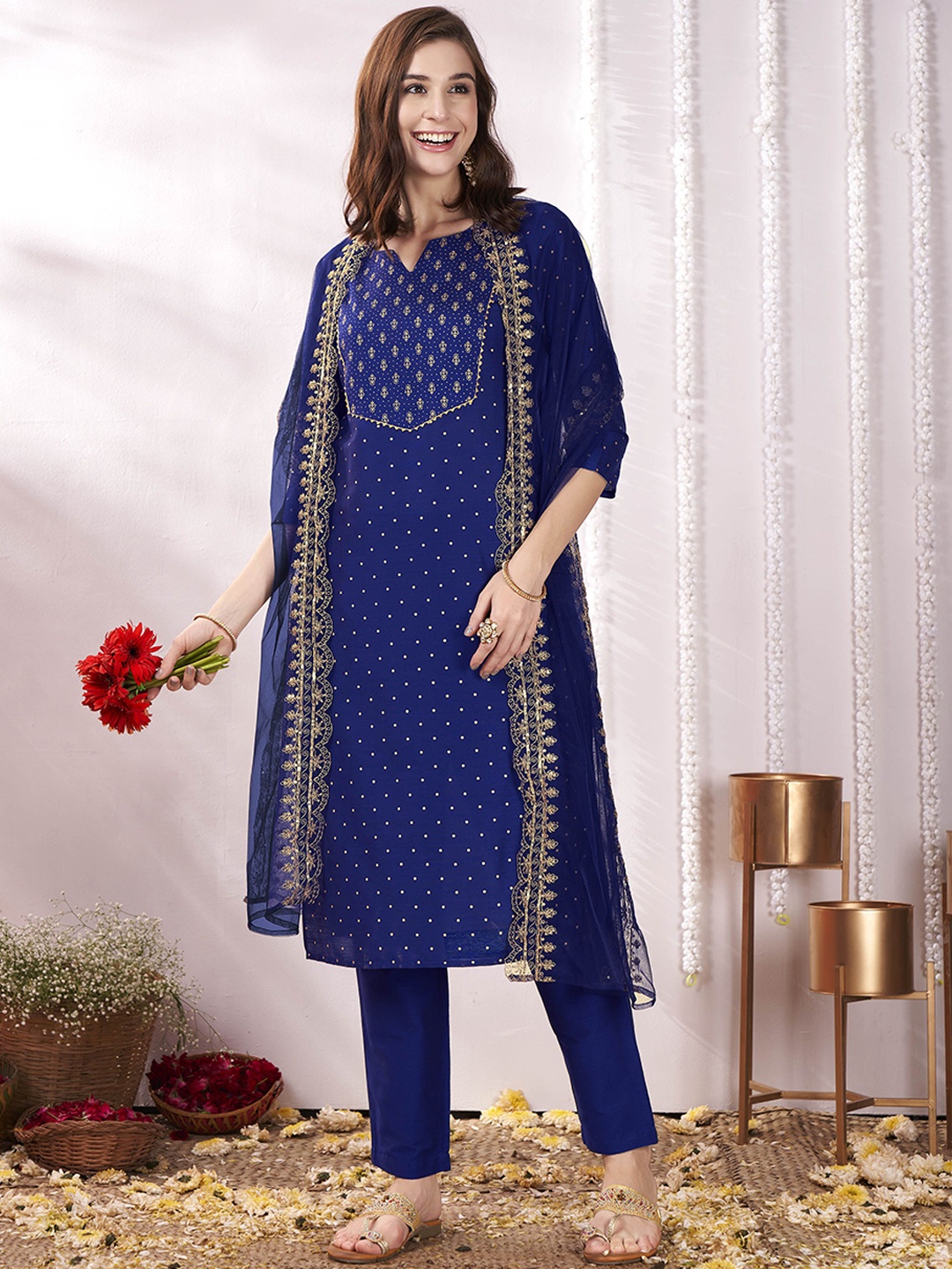 

Anouk Blue Ethnic Motifs Printed Gotta Patti Straight Kurta With Trousers & Dupatta