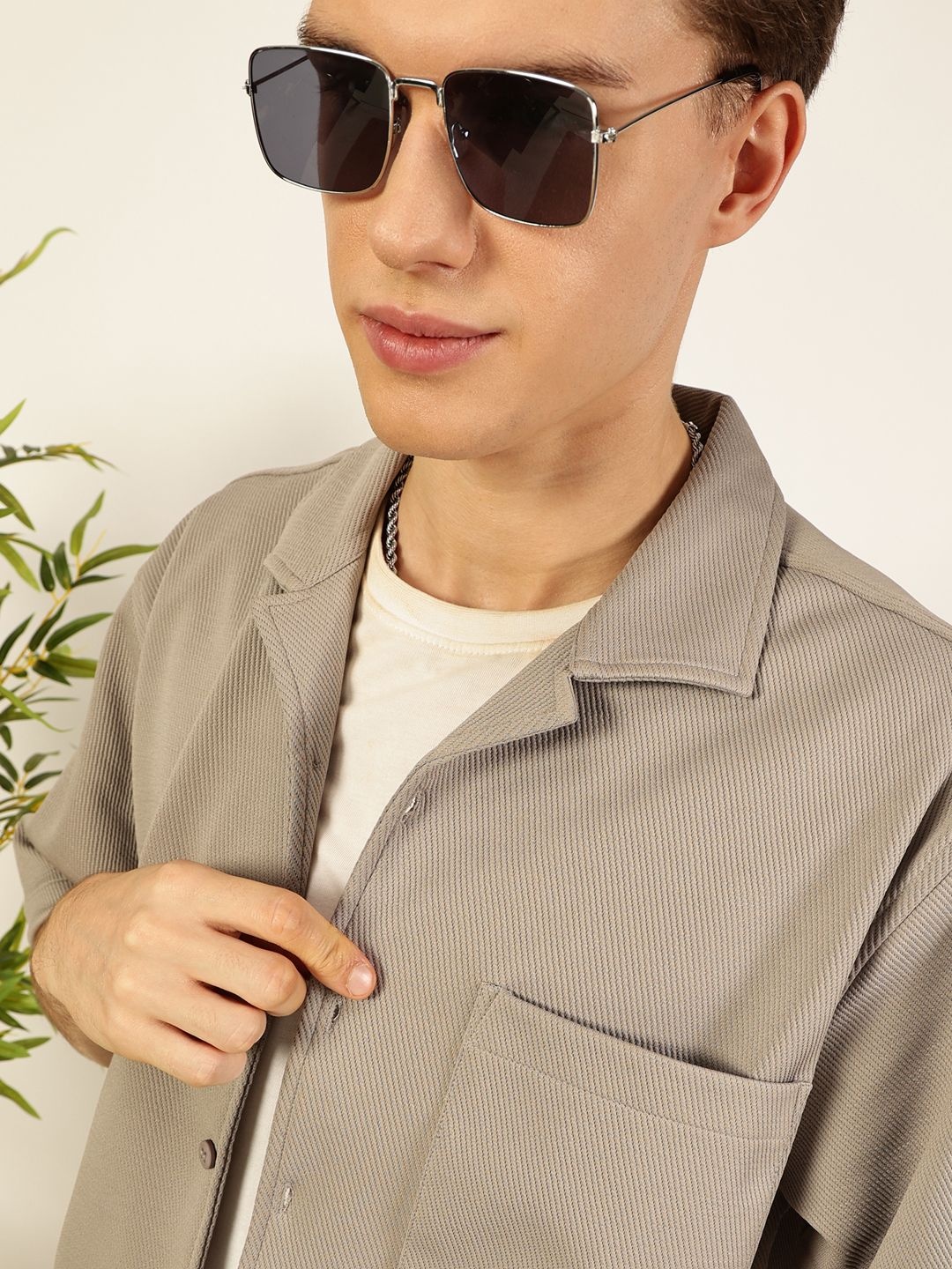 

Thomas Scott Men Premium Cuban Collar Textured Cotton Casual Shirt, Grey