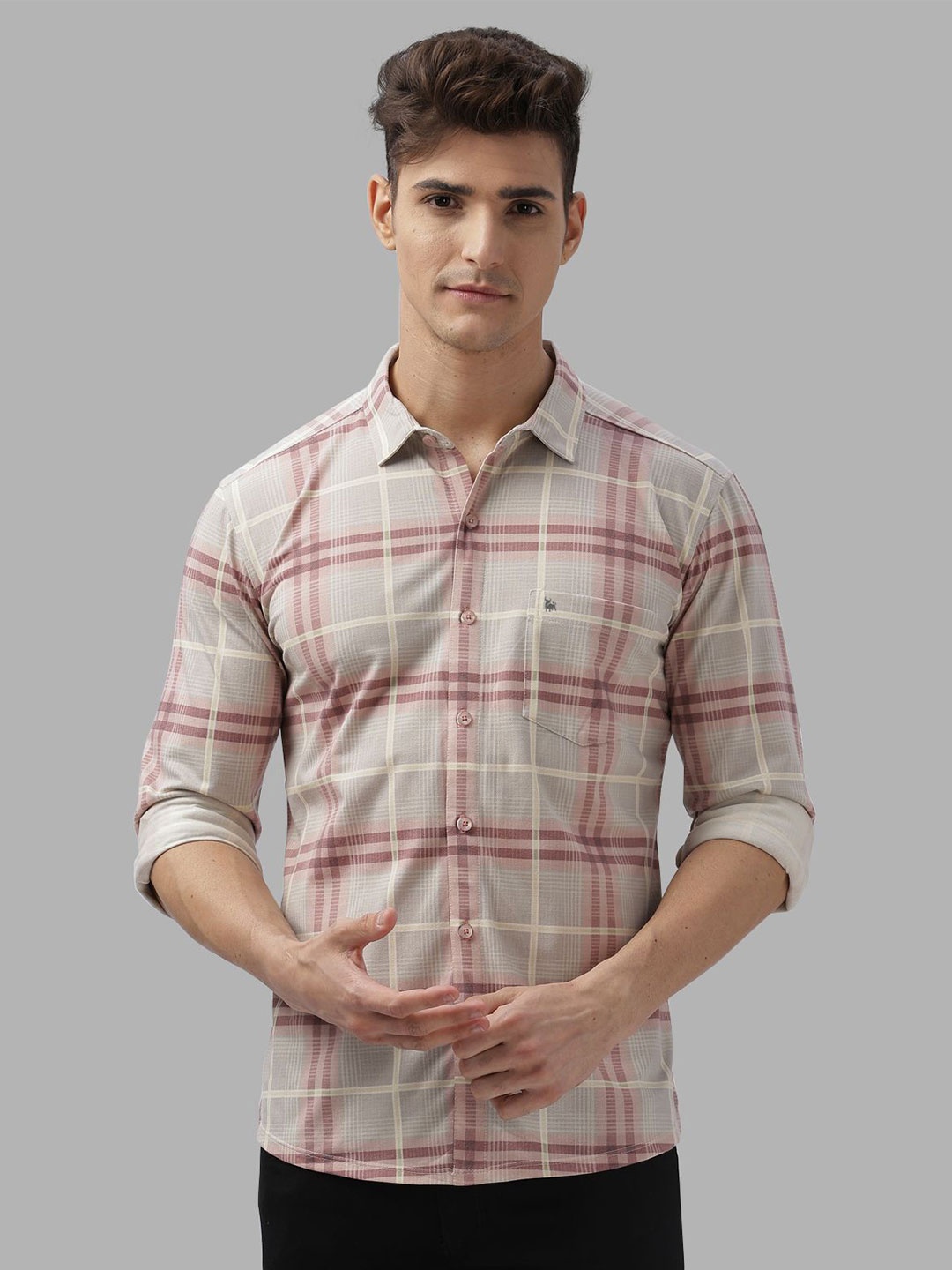

BULLMER Men Spread Collar Checked Cotton Casual Shirt, Grey