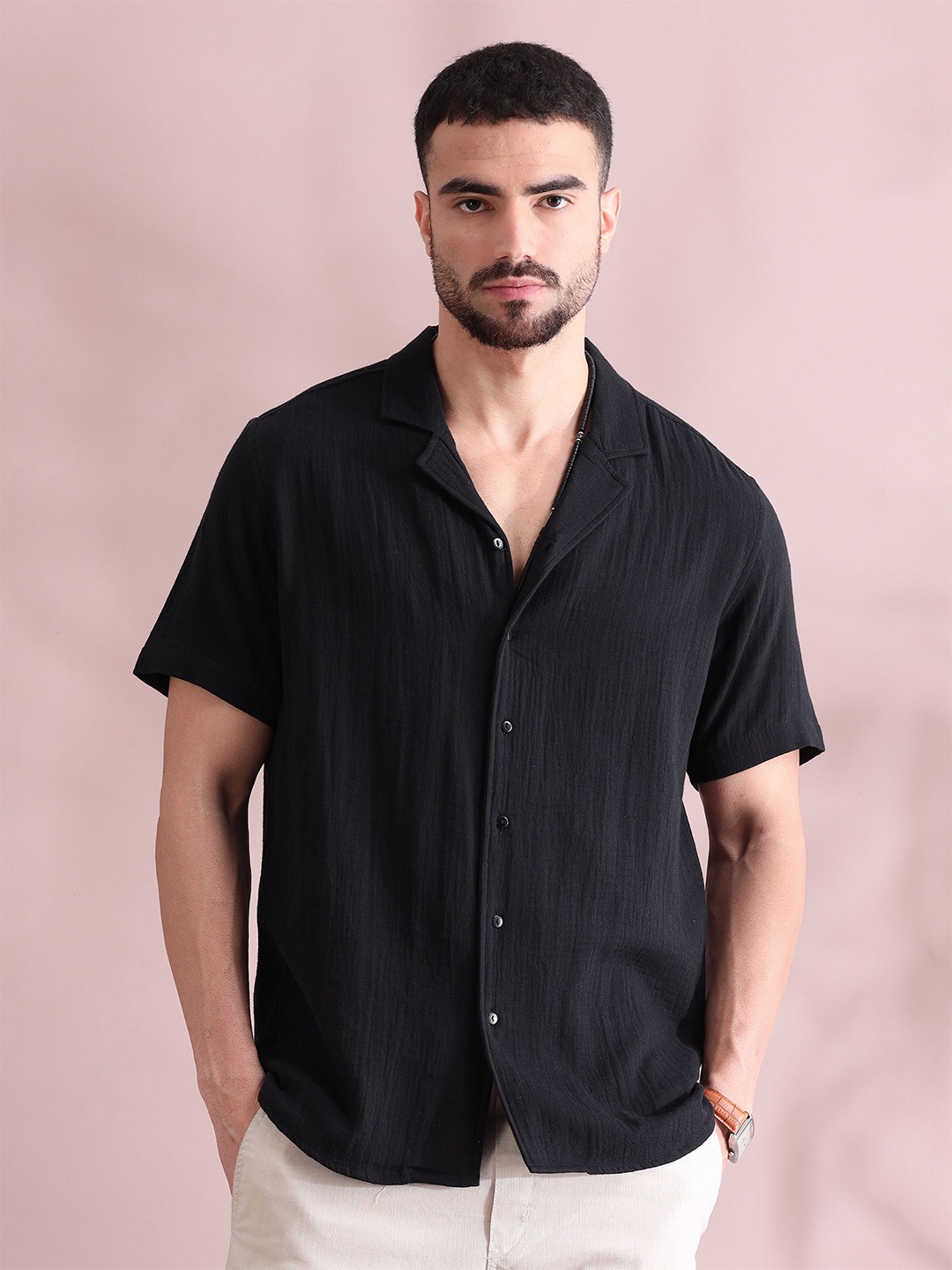 

FILORI Men Comfort Cuban Collar Solid Cotton Casual Shirt, Black