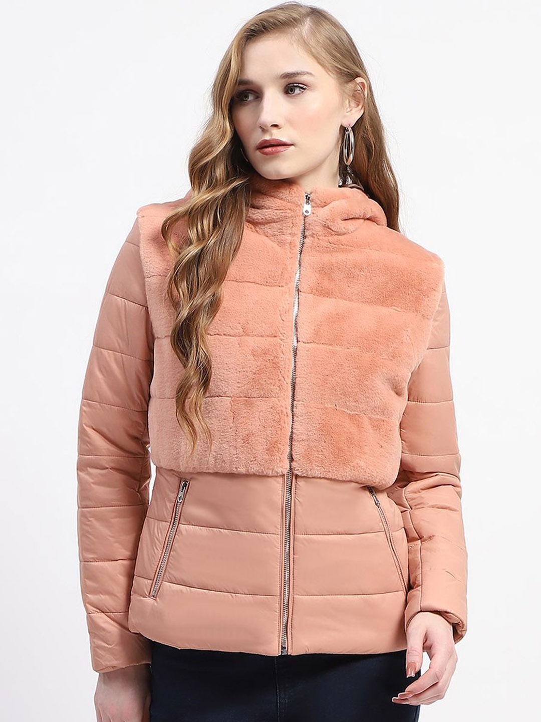 

Madame Women Stand Collar Long Sleeves Faux Fur Trim Padded Jacket, Rust