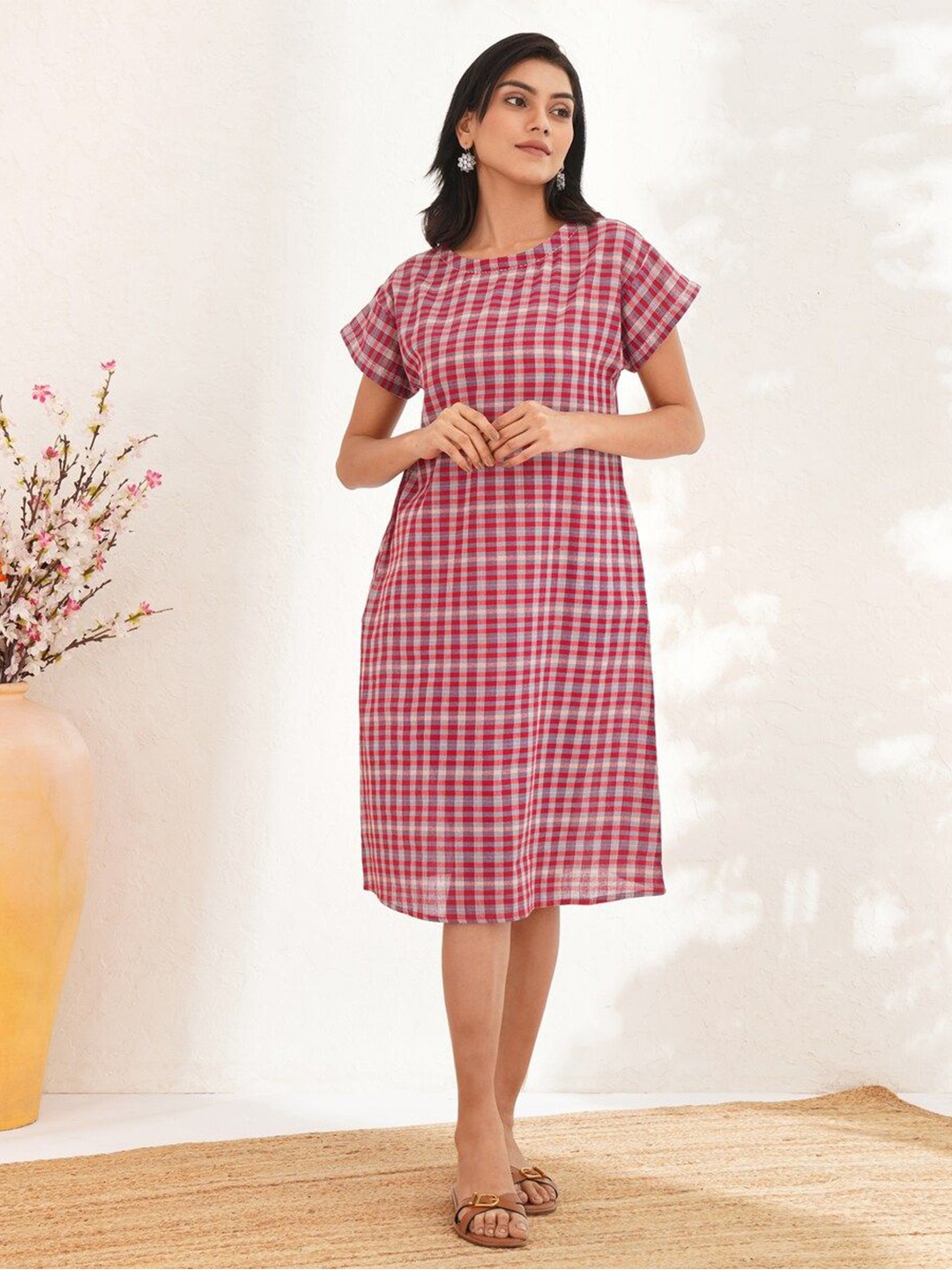 

JAYPORE Checked A-Line Cotton Dress, Red