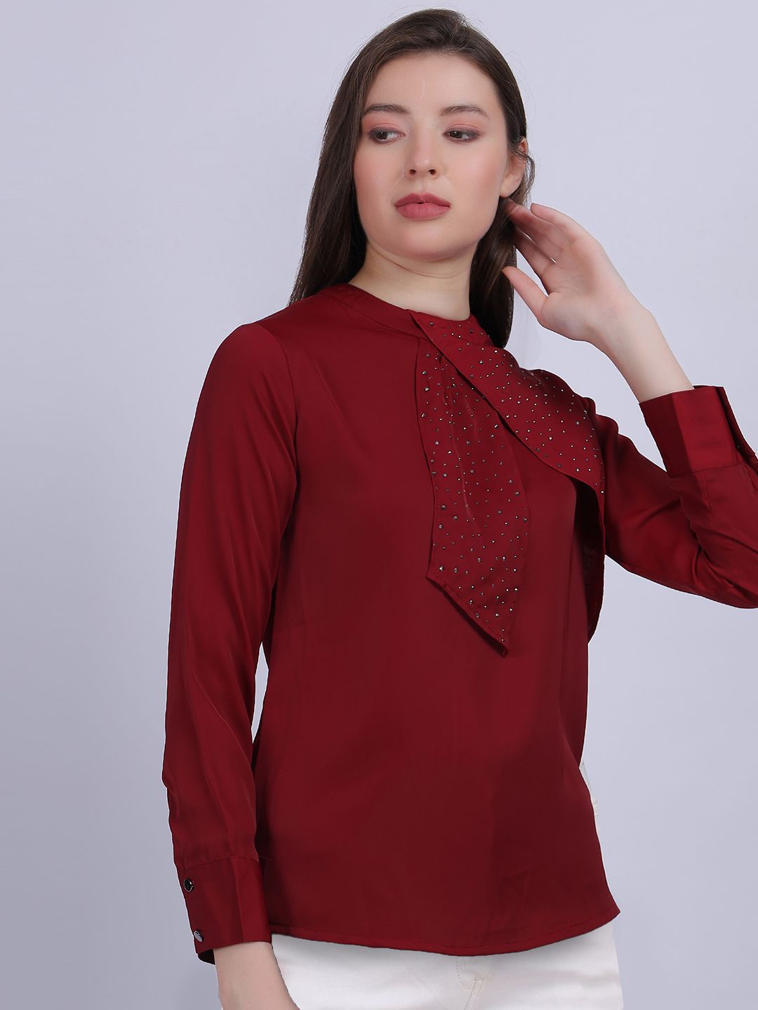 

Aumbe Women Round Neck Satin Top, Maroon